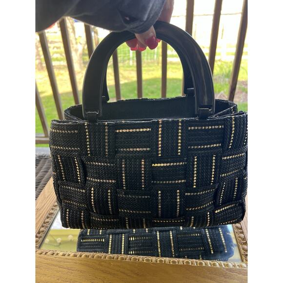 Vintage M&G Bertini Black and Gold Tote Bag Double Lucite Handles Made In Italy - Picture 12 of 12